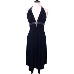 Cache Midnight Blue Beaded Halter Handkerchief Hem Dress 12 EUC